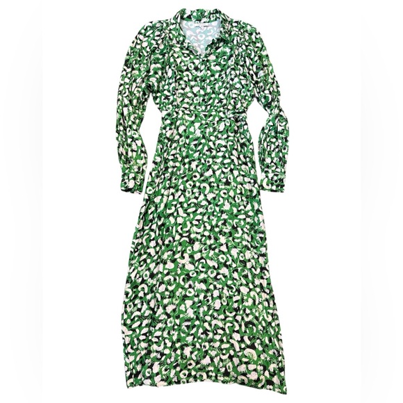 Topshop Women’s Tall US Size 8 Batwing Animal Print Shirt Dress Green Tie Waist - Picture 2 of 6